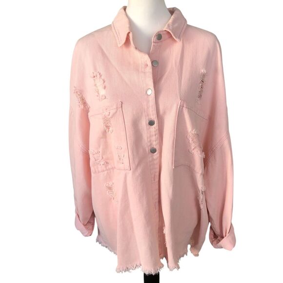 POL Light Pink Oversized Boho Cowgirl Western Distressed Denim Jacket Shirt Sz L - Picture 1 of 16